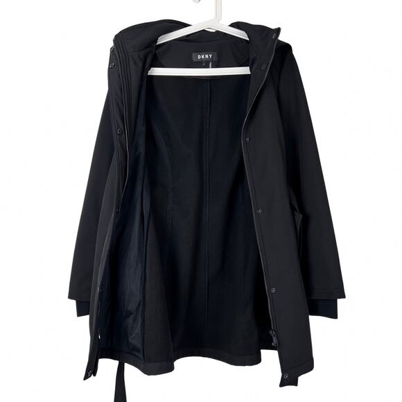 DKNY Black Hooded Belted Coat Women’s Medium Softshell Trench Jacket - Picture 8 of 8